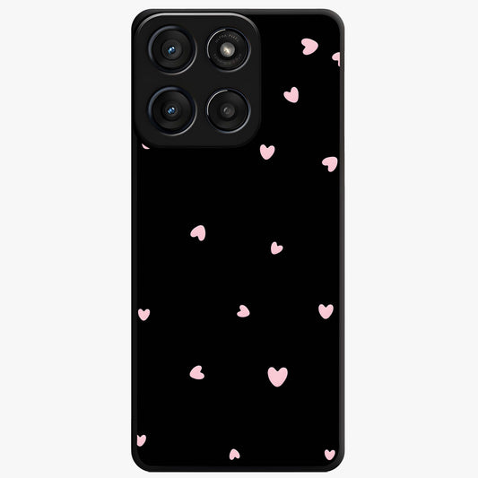 Pink Love Drops Glass Case showing flat back view with playful pink heart drops artwork and glossy glass finish.