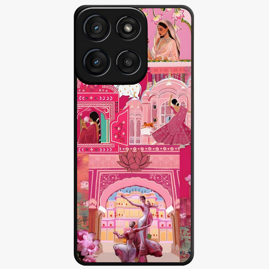 Pink Palace Muse Glass Case showing flat back view with elegant palace inspired artwork and glossy glass finish.