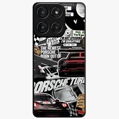 Porsche Racing Collage Glass Case showing flat back view with sports car racing collage artwork and glossy glass finish.