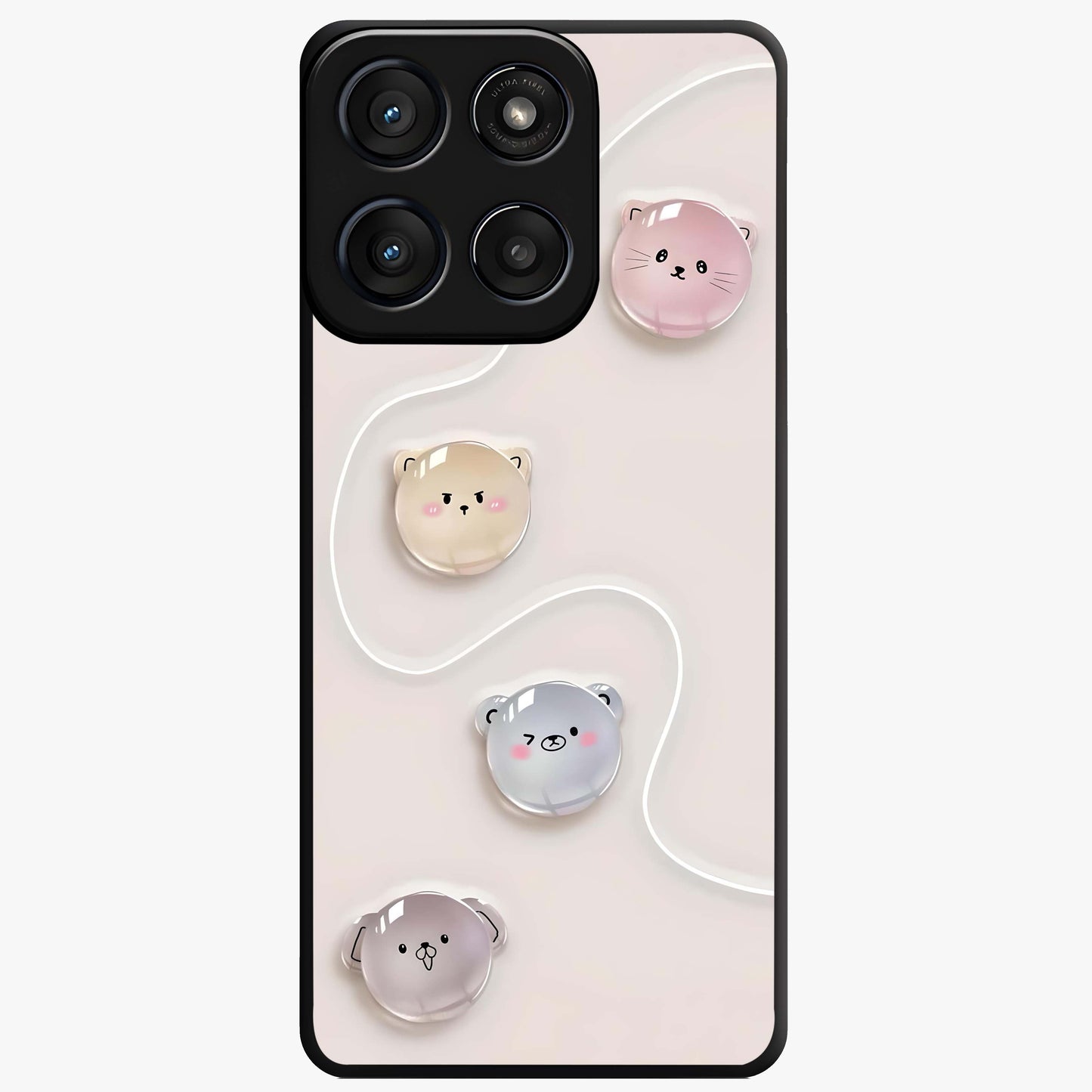 Puffy Face Parade Glass Case showing flat back view with cute puffy character faces artwork and glossy glass finish.