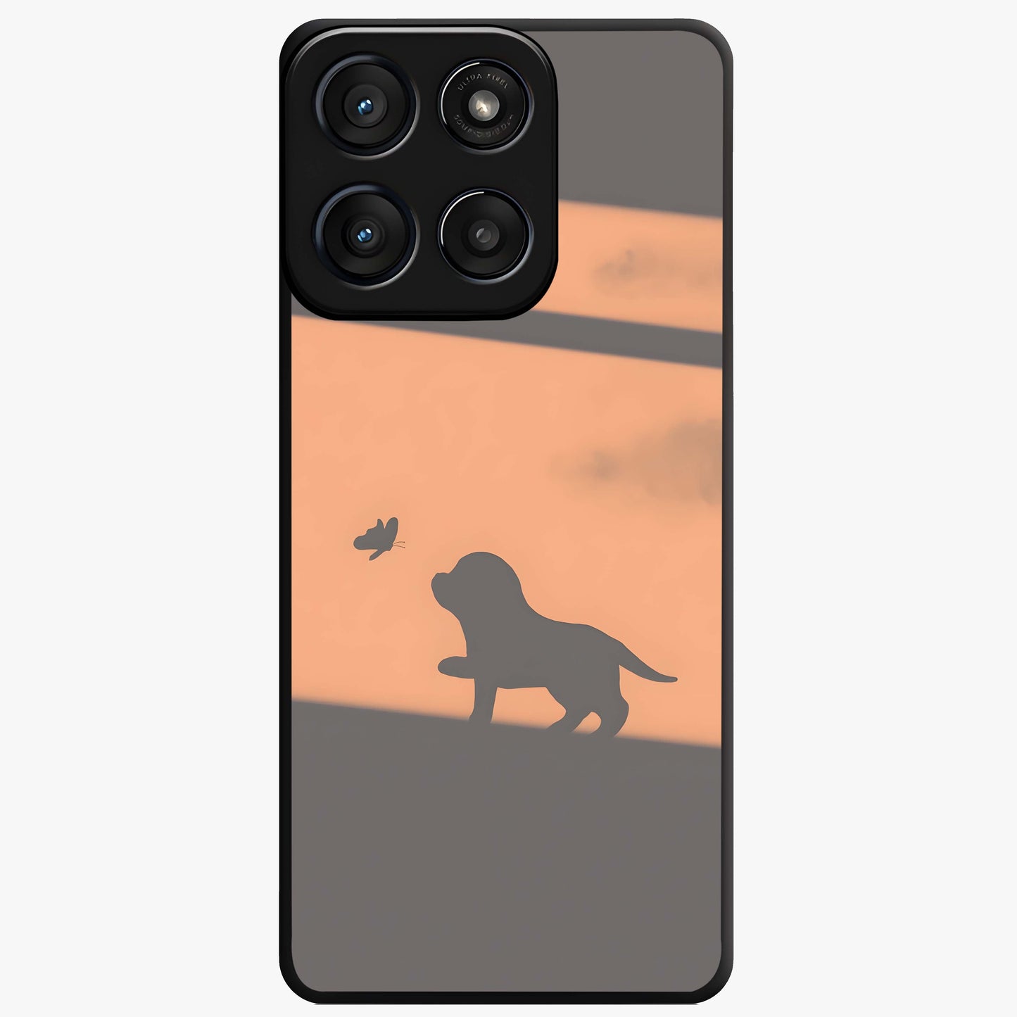 Puppy Shadow Art Glass Case showing flat back view with cute puppy shadow style artwork and glossy glass finish.