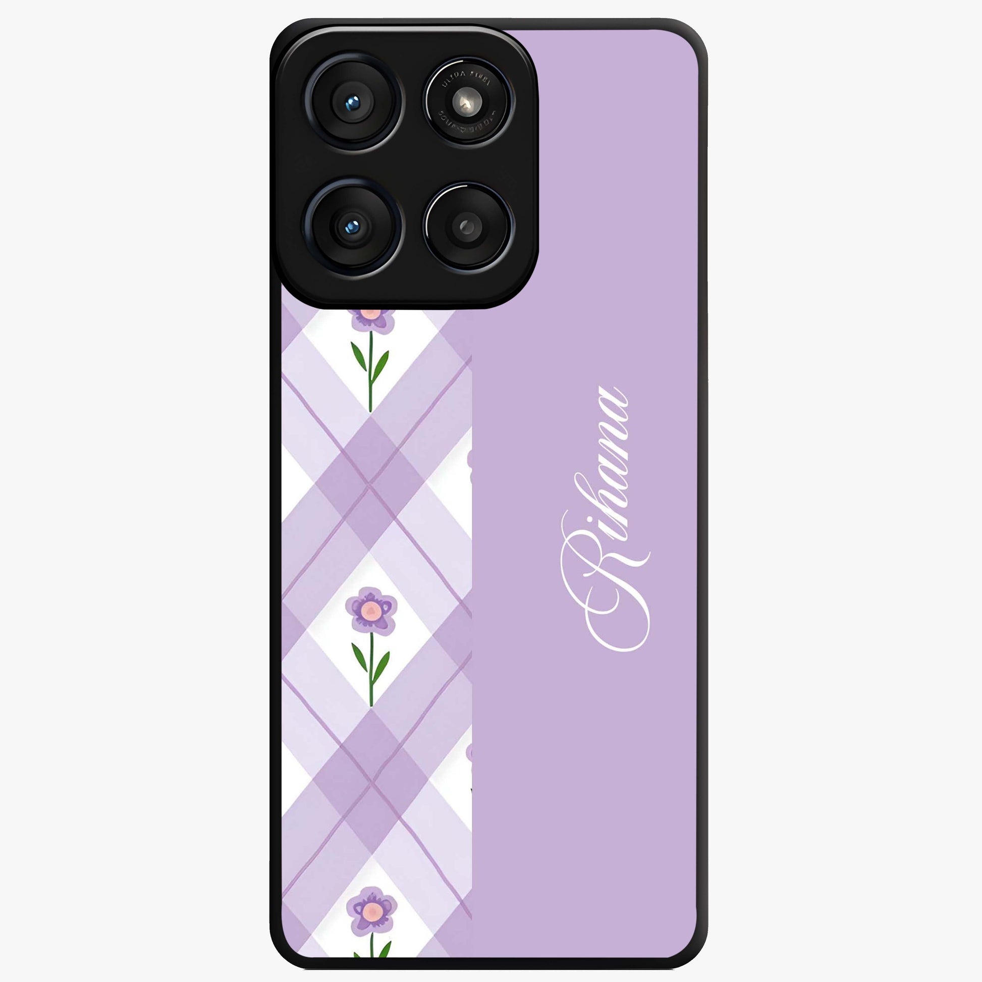 Purple Diamond Floral Glass Case showing flat back view with diamond shaped floral artwork and glossy glass finish.