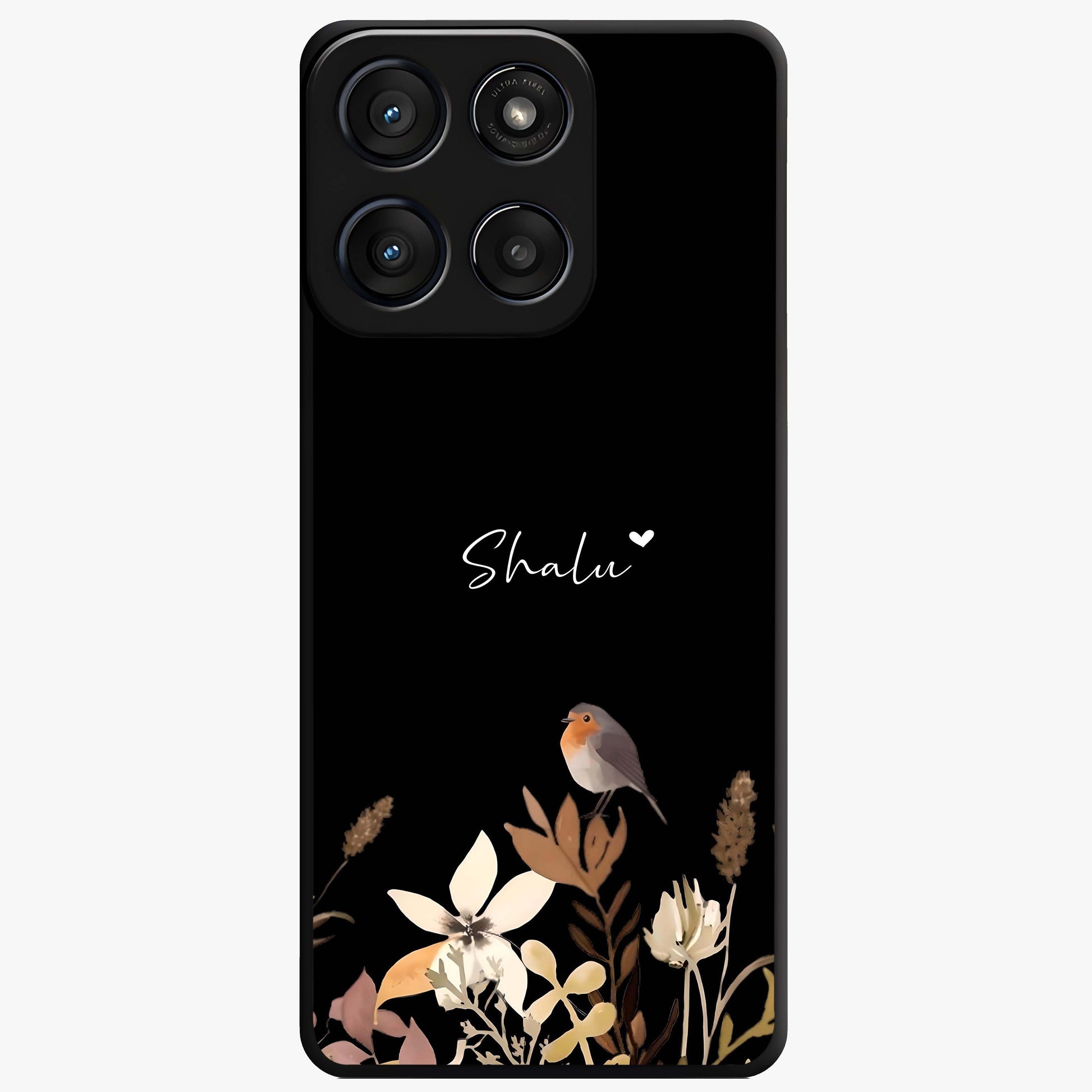 Quiet Garden Tune Custom Name Glass Case showing flat back view with peaceful garden artwork and personalized name design.