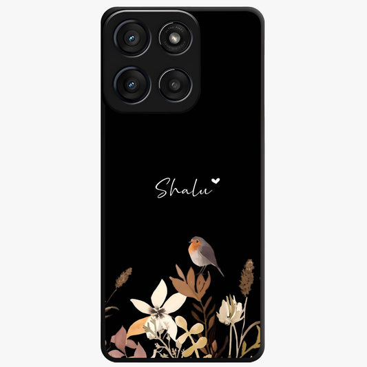 Quiet Garden Tune Custom Name Glass Case showing flat back view with peaceful garden artwork and personalized name design.