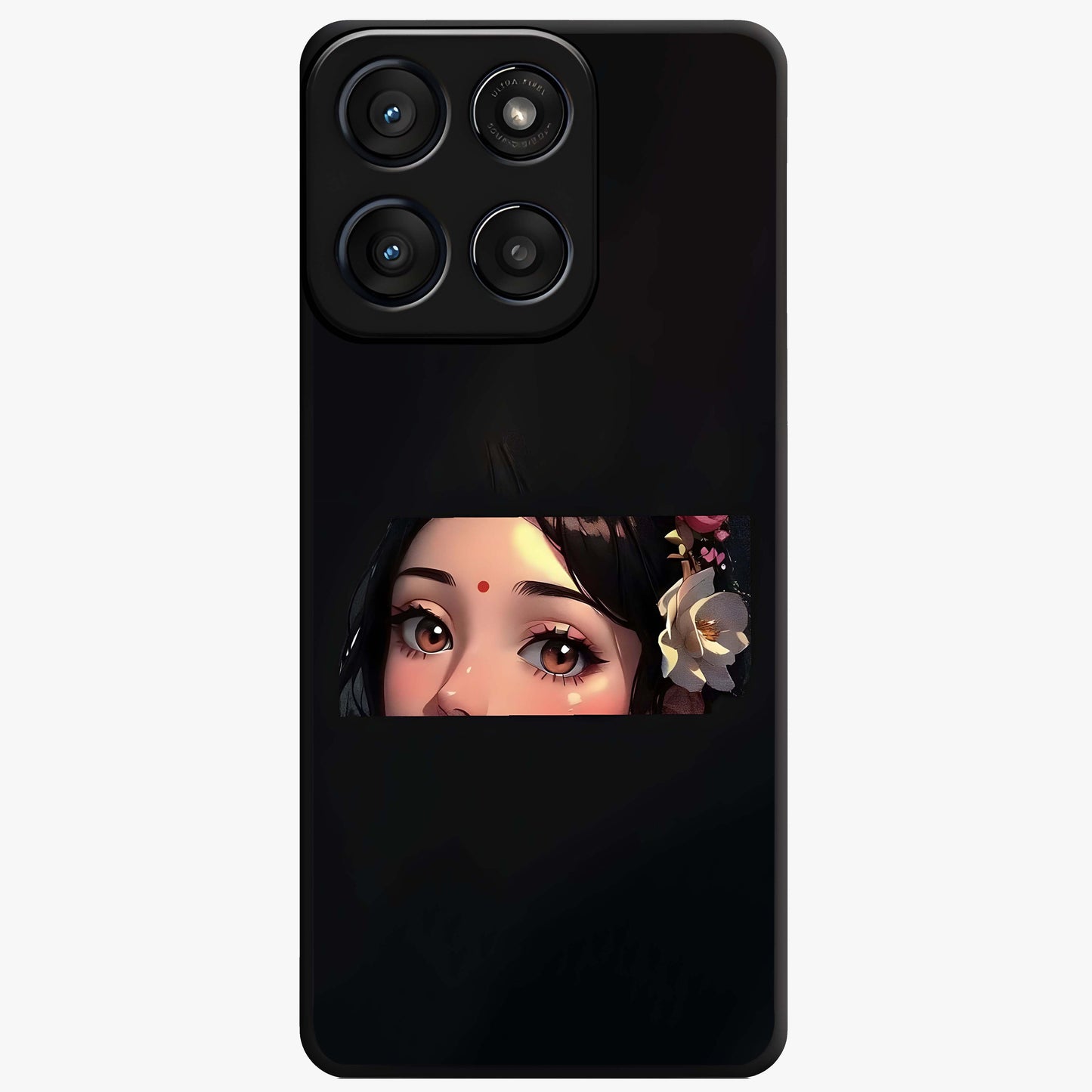 Radha Divine Embrace Glass Case showing flat back view with devotional Radha artwork and glossy glass finish.