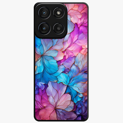 Radiant Floral Whirl Glass Case showing flat back view with swirling floral artwork and glossy glass finish.