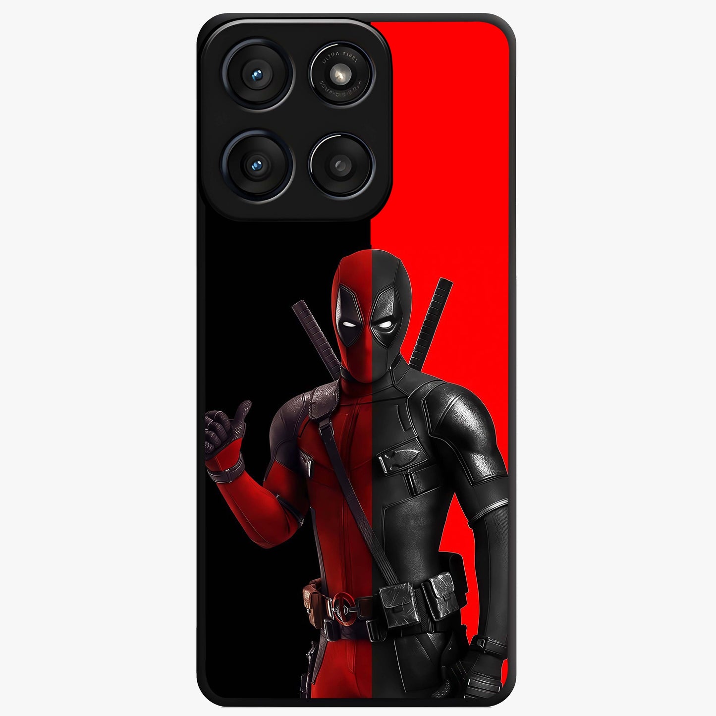 Red & Black Deadpool Theme Glass Case showing flat back view with bold comic inspired artwork and glossy glass finish.