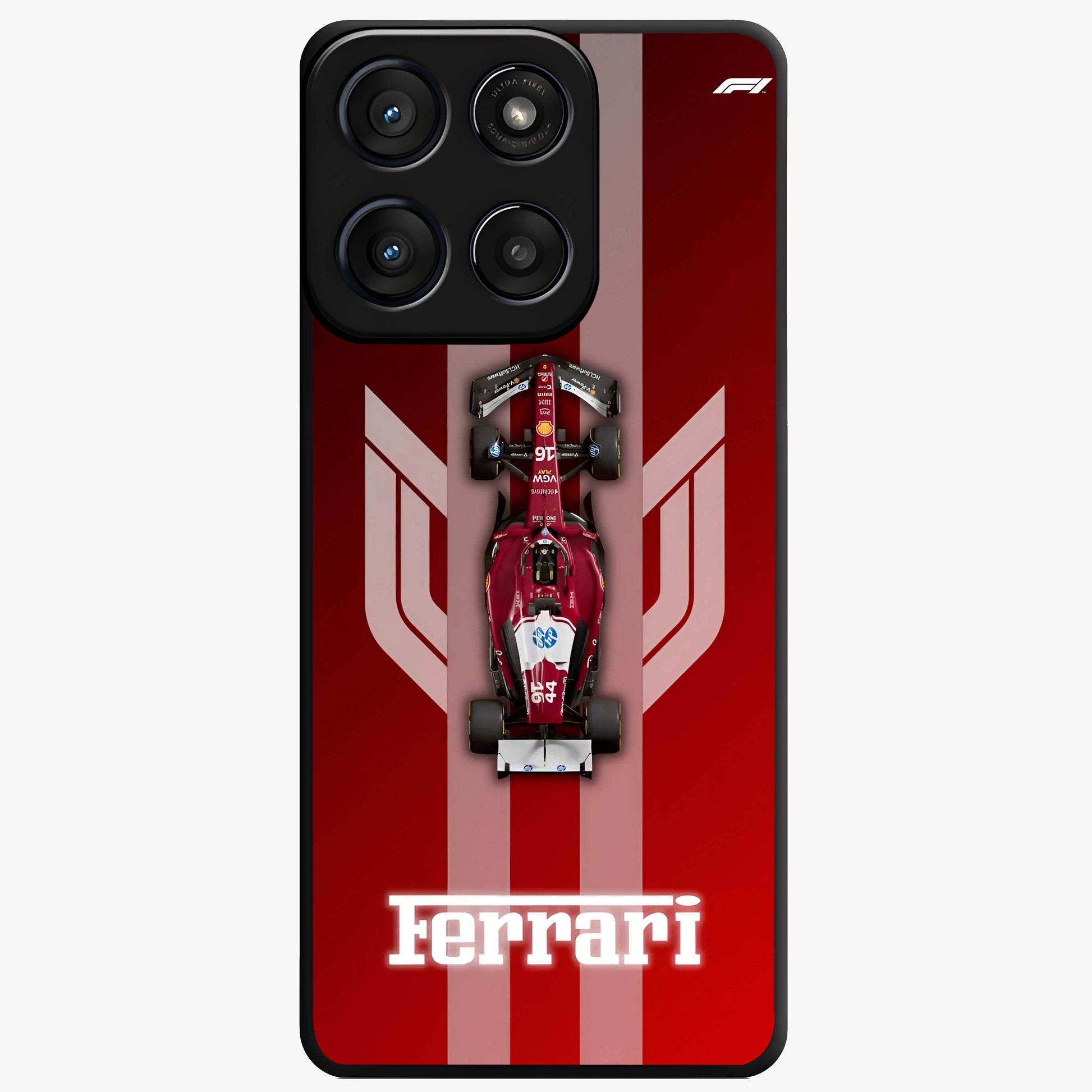 Red Ferrari F1 Vertical Glass Case showing flat back view with sleek Formula racing car artwork and glossy glass finish.