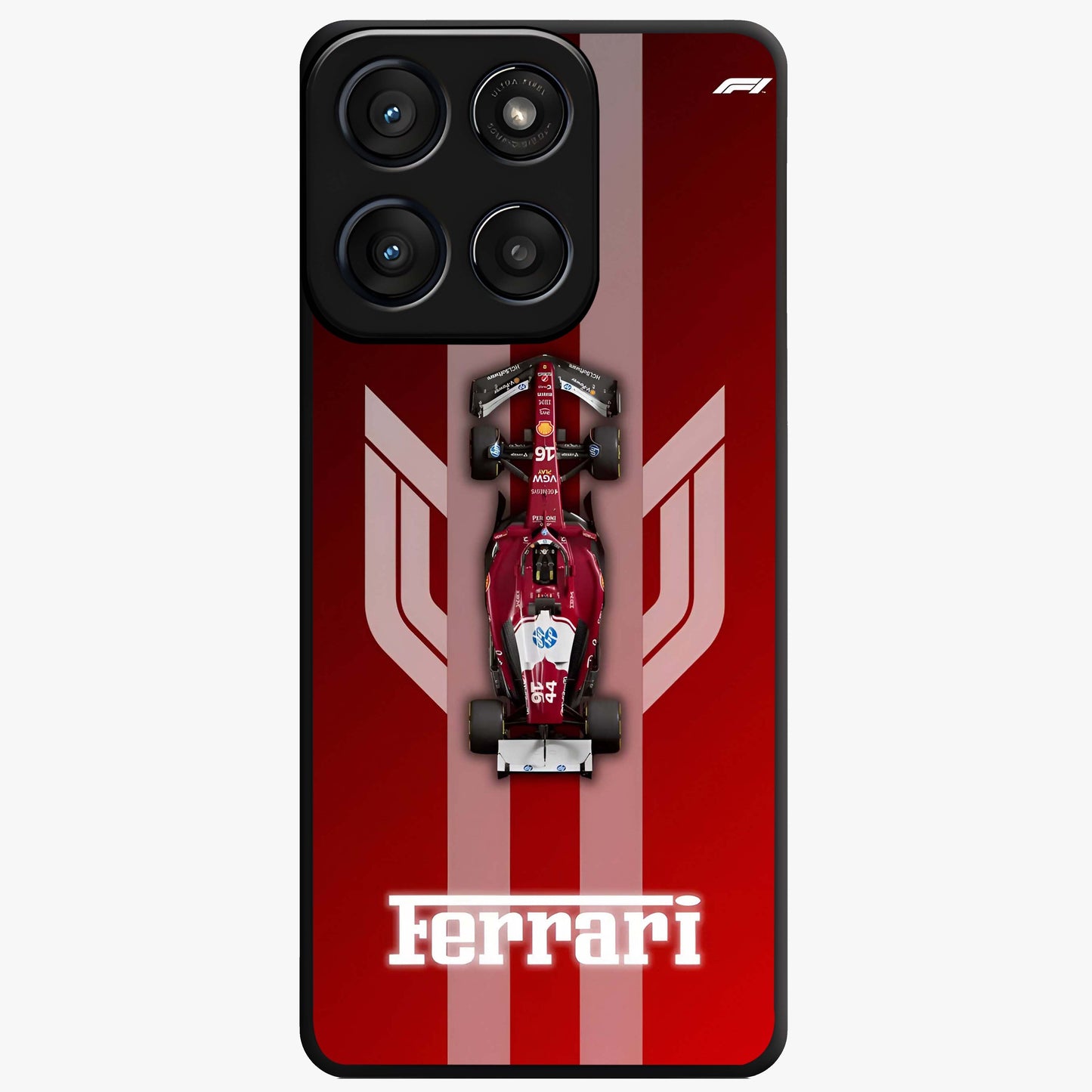 Red Ferrari F1 Vertical Glass Case showing flat back view with sleek Formula racing car artwork and glossy glass finish.