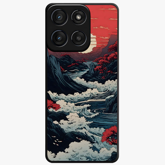 Red Sunset Scenery Glass Case showing flat back view with vibrant sunset landscape artwork and glossy glass finish.