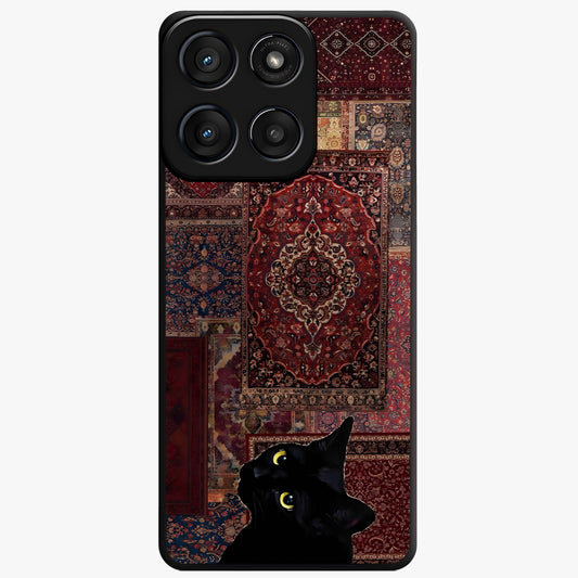 Regal Magic Cat Apple Glass Case showing flat back view with magical cat artwork holding apple and glossy glass finish.