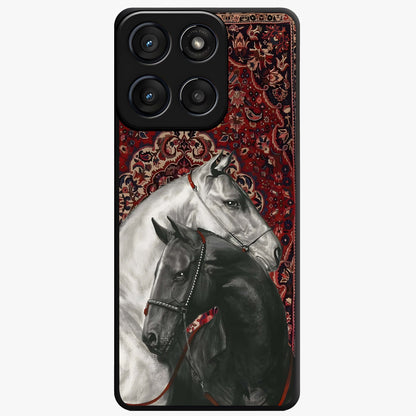 Regal Stallion Tapestry Glass Case showing flat back view with majestic horse tapestry artwork and glossy glass finish.