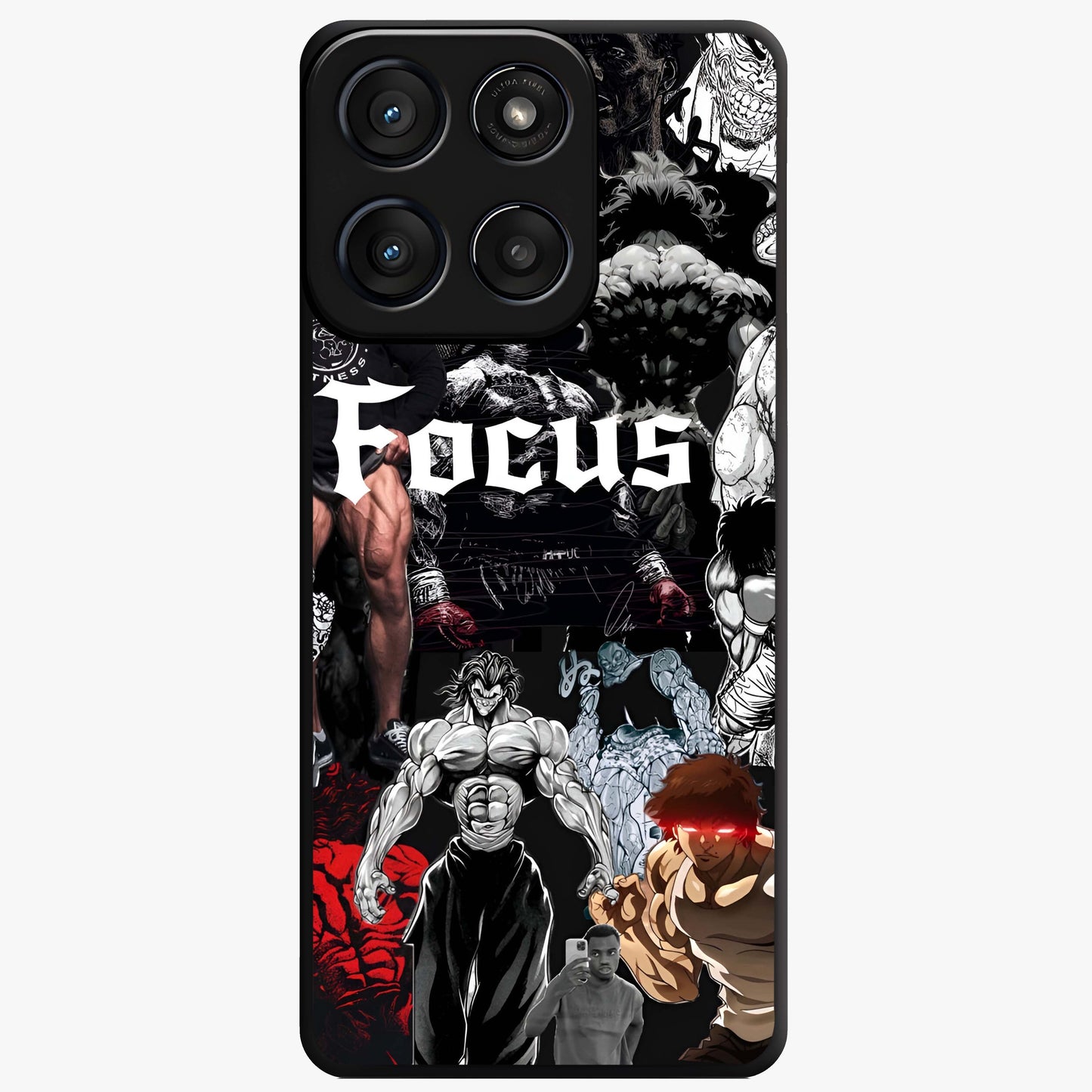 Relentless Power Focus Glass Case showing flat back view with motivational typography artwork and glossy glass finish.