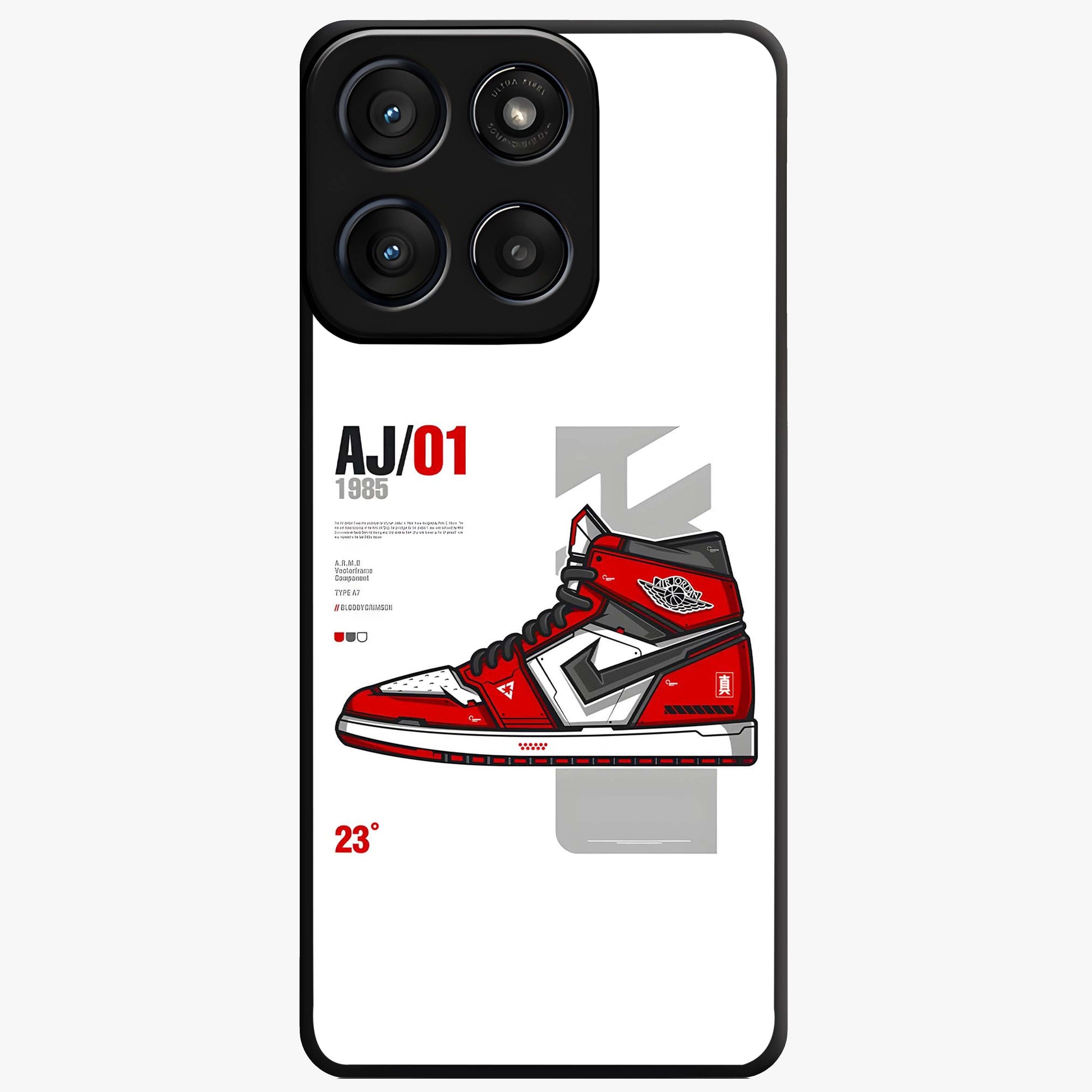 Retro Sneaker Blueprint Glass Case showing flat back view with sneaker blueprint style artwork and glossy glass finish.