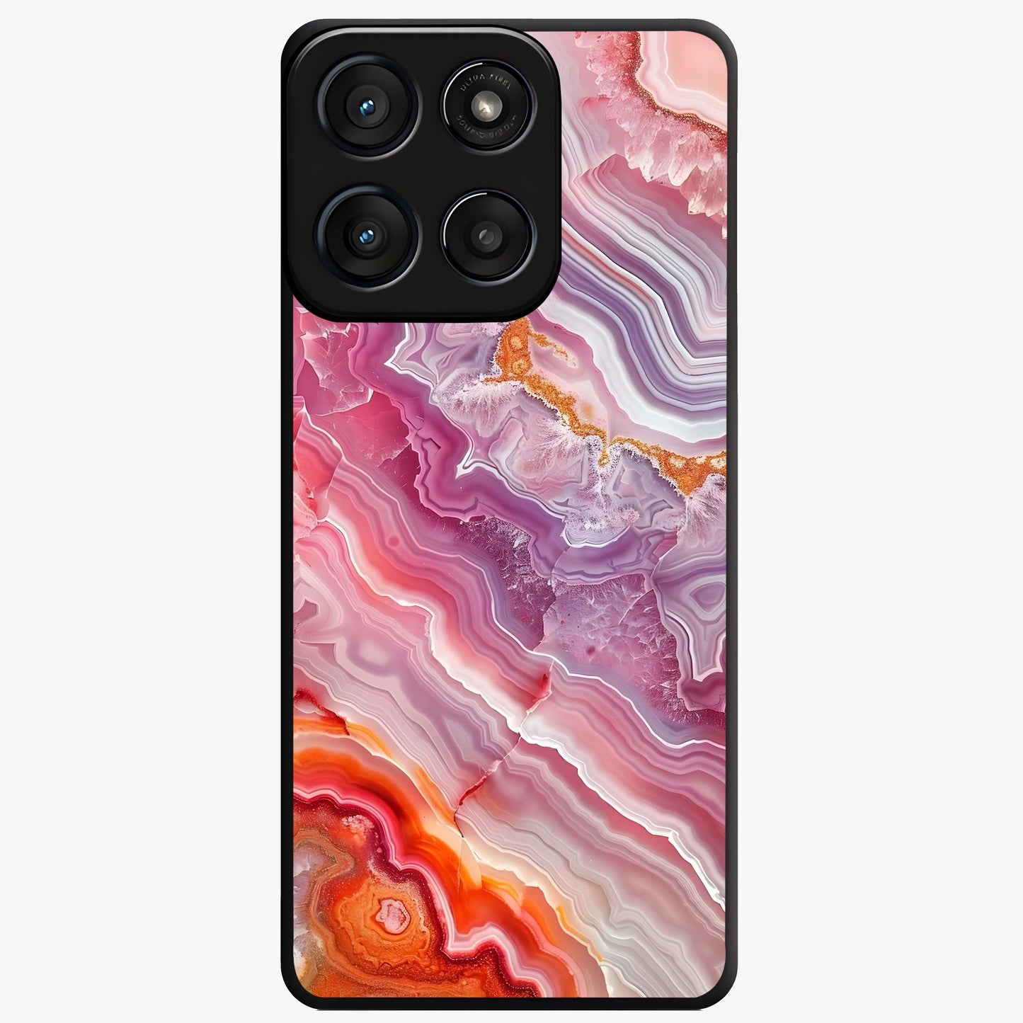 Rose Quartz Marble Glass Case showing flat back view with pink marble quartz texture artwork and glossy glass finish.
