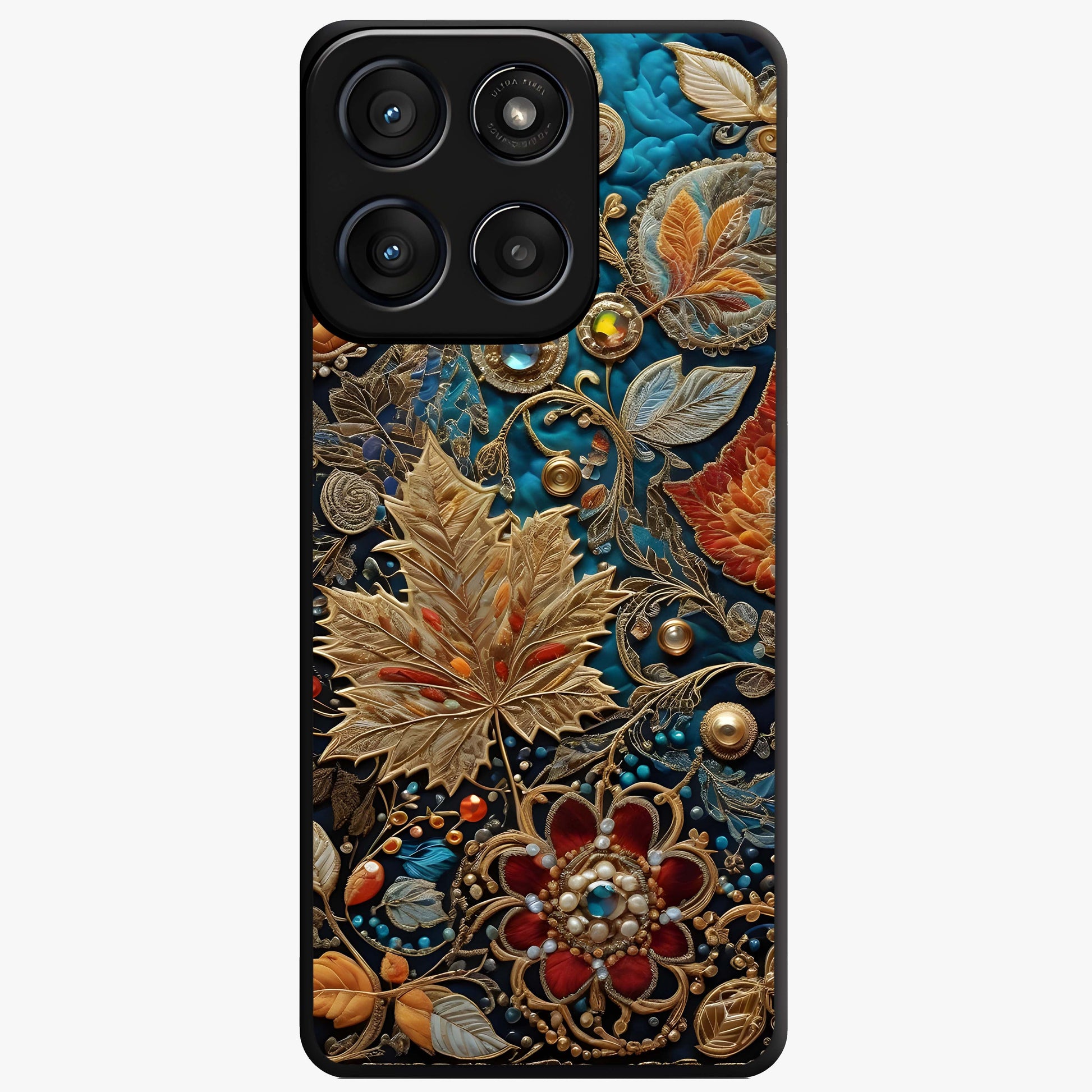 Royal Jewel Garden Glass Case showing flat back view with decorative floral garden artwork and glossy glass finish.