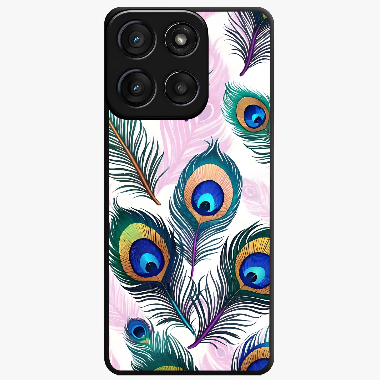 Royal Peacock Feathers Glass Case showing flat back view with colorful peacock feather artwork and glossy glass finish.