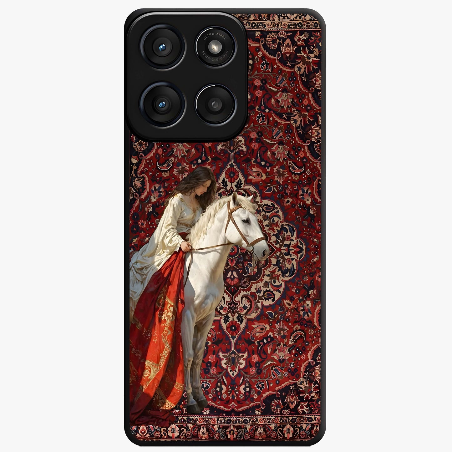 Royal Rider Tapestry Glass Case showing flat back view with majestic horse rider tapestry artwork and glossy glass finish.