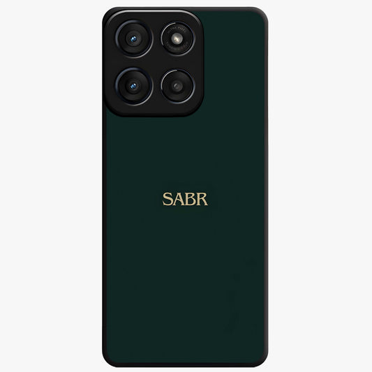 Sabr Minimal Patience Glass Case showing flat back view with minimalist typography artwork and glossy glass finish.