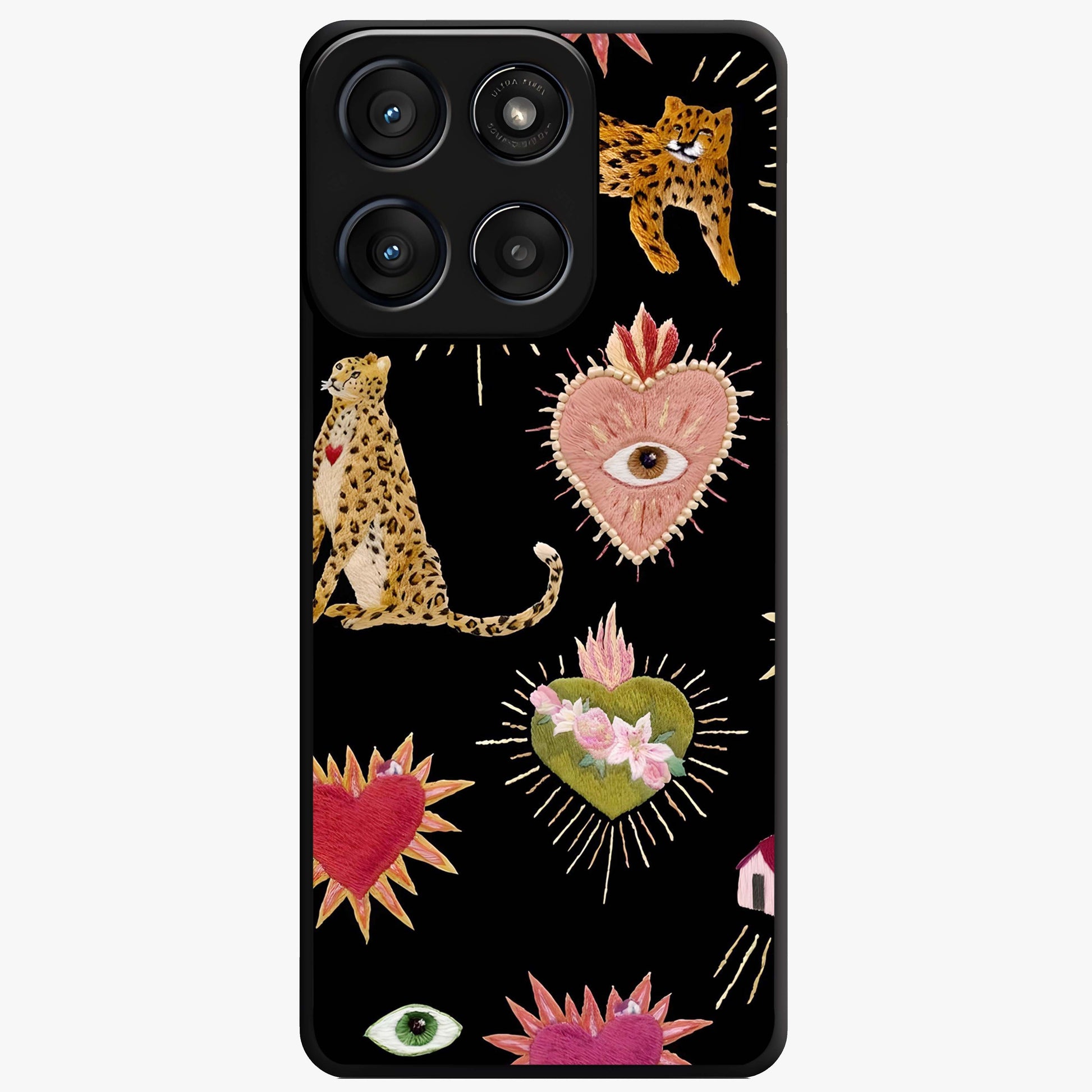 Sacred Jungle Heart Glass Case showing flat back view with jungle inspired heart artwork and glossy glass finish.