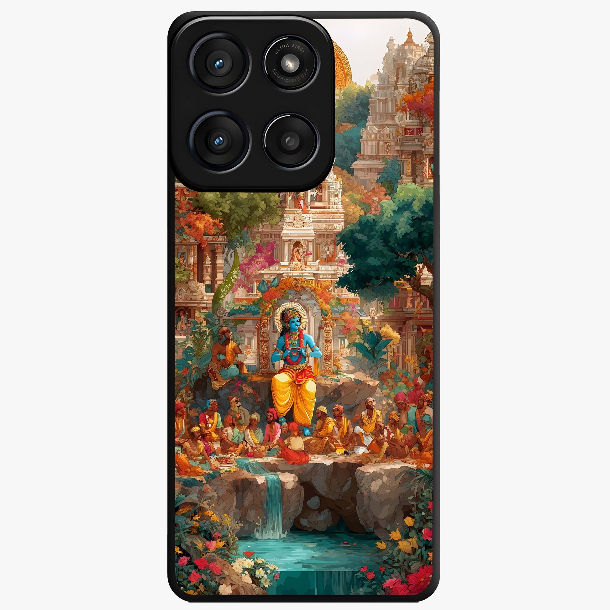 Sacred Sunlight Gods Glass Case showing flat back view with divine sunlight themed artwork and glossy glass finish.