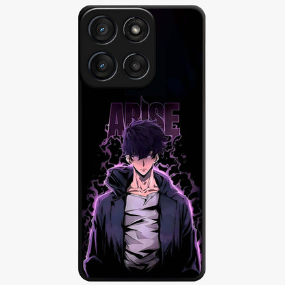 Shadow Monarch Awakening Glass Case showing flat back view with powerful dark monarch themed artwork and glossy glass finish.