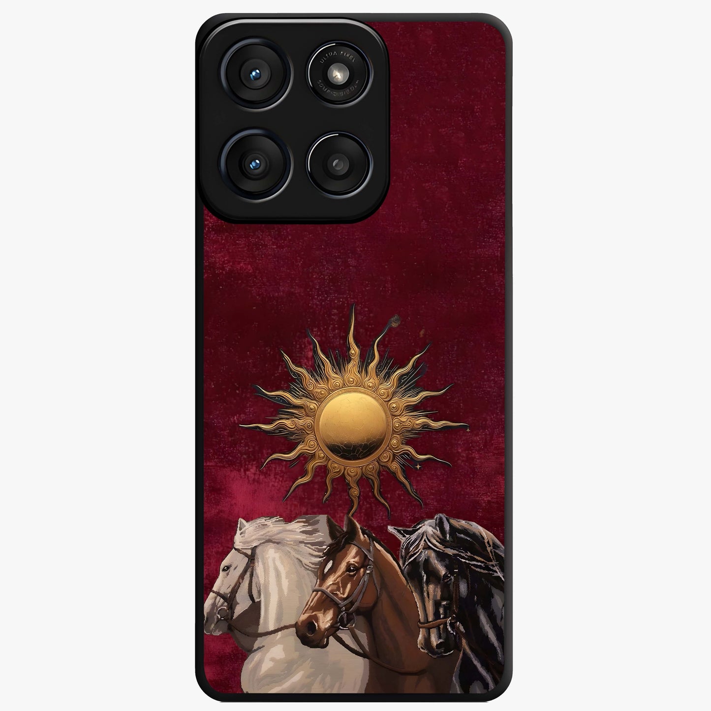 Solar Riders Glass Case showing flat back view with dynamic rider themed artwork and glossy glass finish.