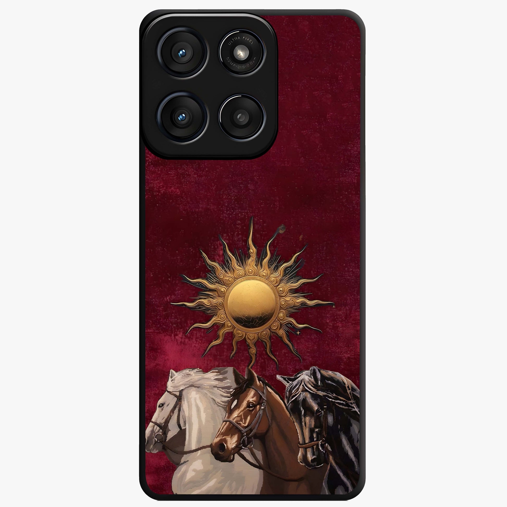 Solar Riders Glass Case showing flat back view with dynamic rider themed artwork and glossy glass finish.