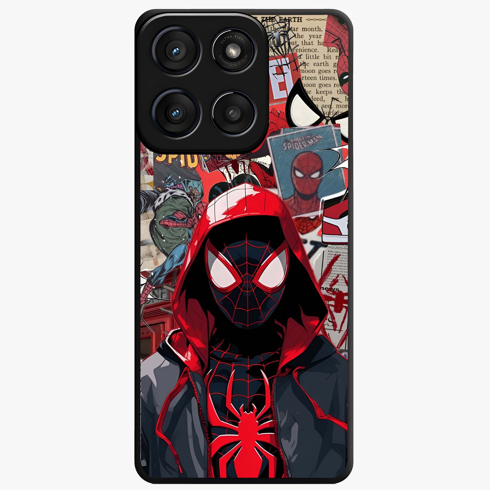 Spider Collage Street Glass Case showing flat back view with vibrant superhero collage artwork and glossy glass finish.