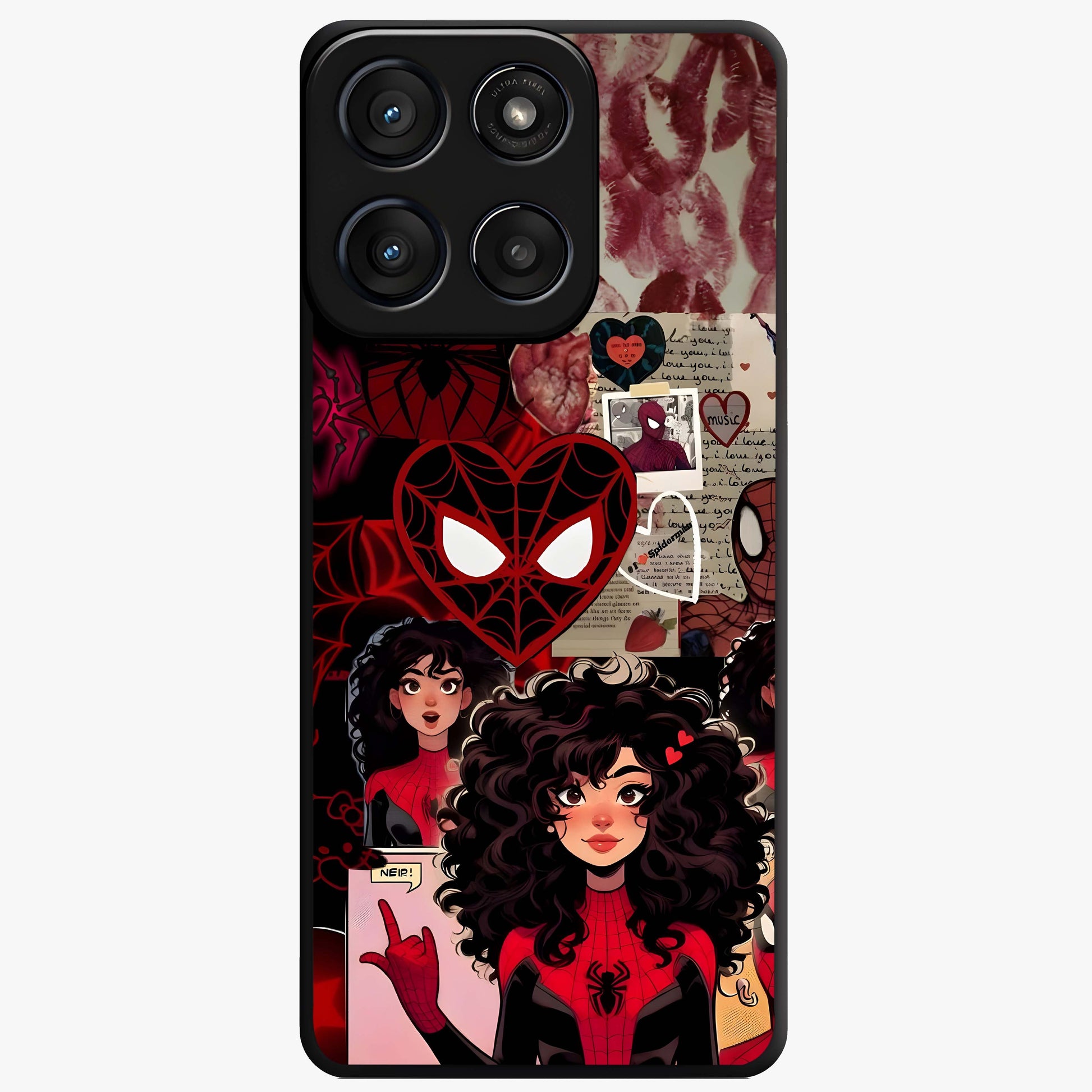 Spider Love Story Glass Case showing flat back view with romantic superhero themed artwork and glossy glass finish.