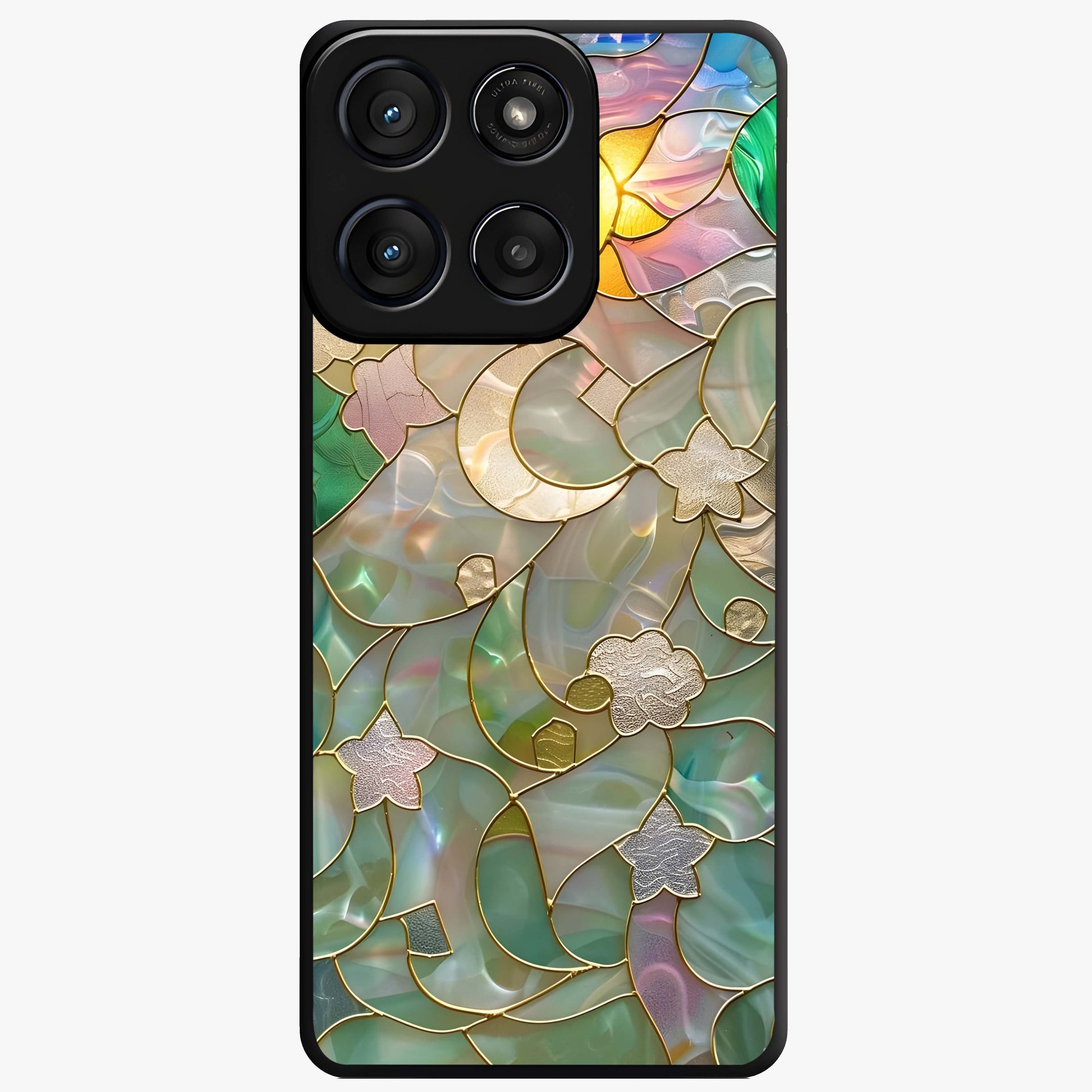 Stained Sunrise Glow Glass Case showing flat back view with glowing sunrise stained pattern artwork and glossy glass finish.