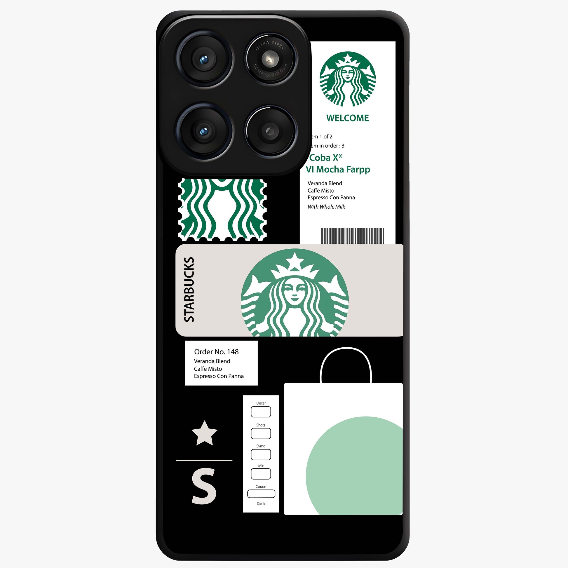 Starbucks Mocha Glass Case showing flat back view with coffee inspired artwork and glossy glass finish.