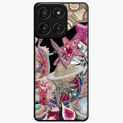 Starlit Jewel Dream Glass Case showing flat back view with sparkling jewel and star themed artwork and glossy glass finish.