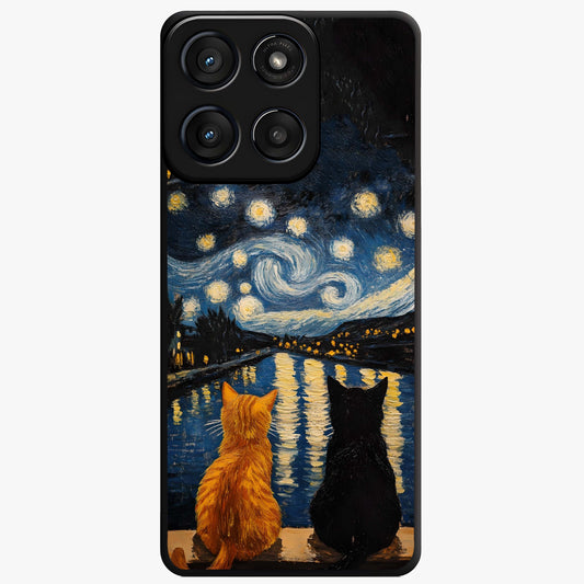Starry River Cats Glass Case showing flat back view with cats by a starry river artwork and glossy glass finish.