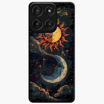 Sun And Moon Magic Design Glass Case showing flat back view with mystical sun and moon artwork and glossy glass finish.