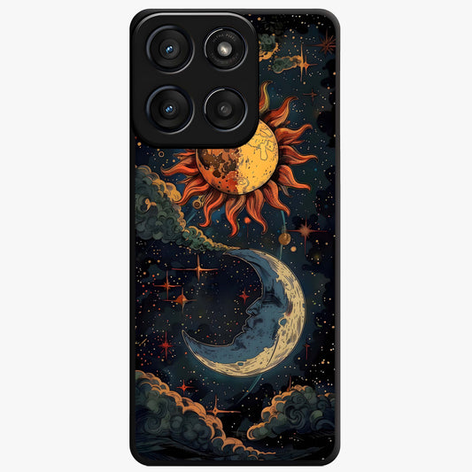 Sun And Moon Magic Design Glass Case showing flat back view with mystical sun and moon artwork and glossy glass finish.