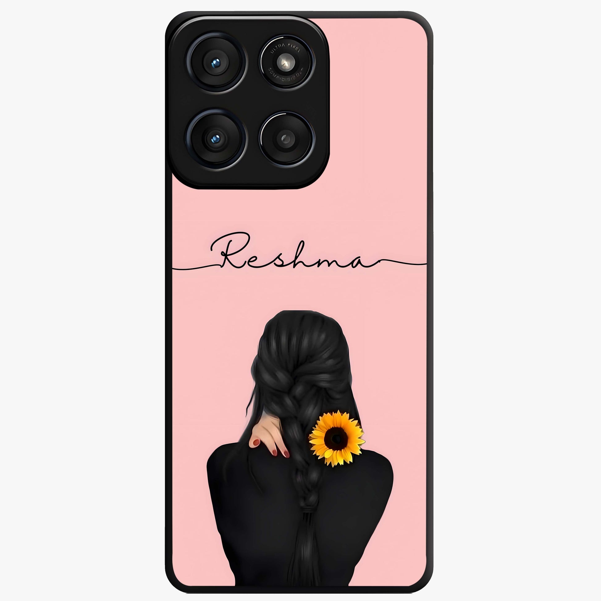 Sunflower Braid Beauty With Custom Name Glass Case showing flat back view with sunflower braid artwork and personalized name design.