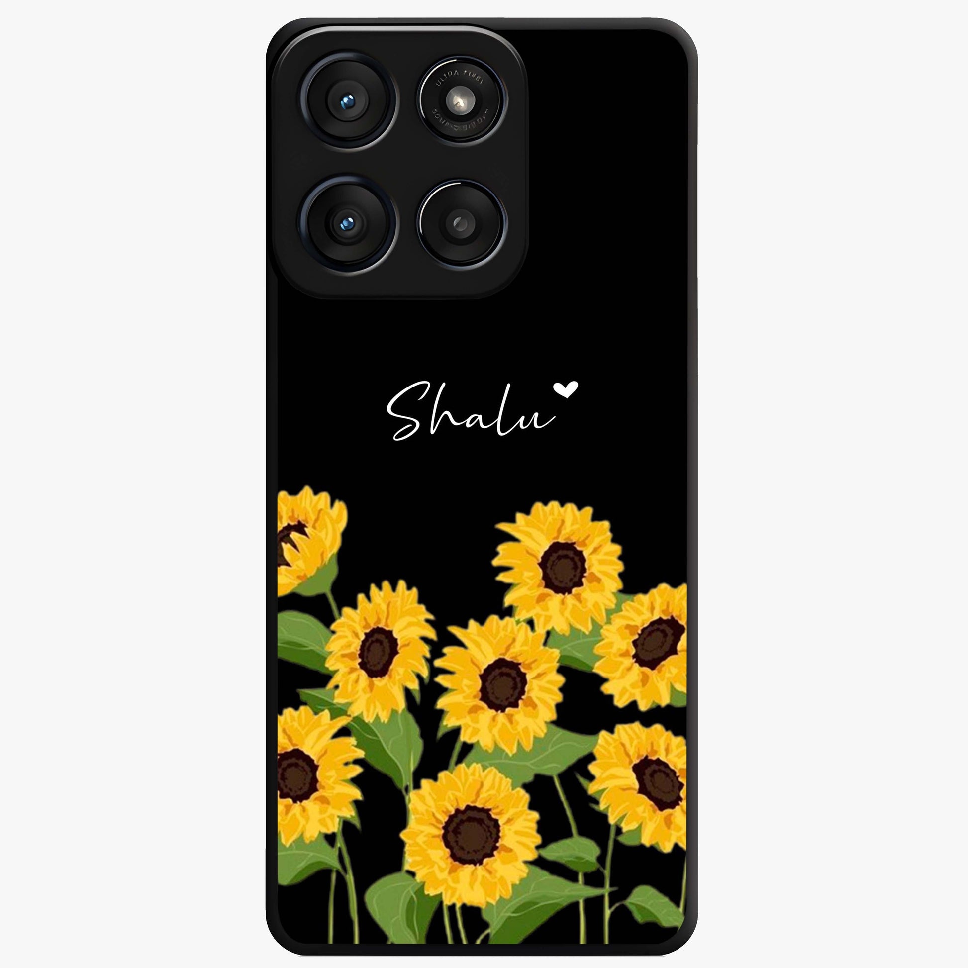 Sunflower Chic Mood Custom Name Glass Case showing flat back view with stylish sunflower artwork and personalized name design.