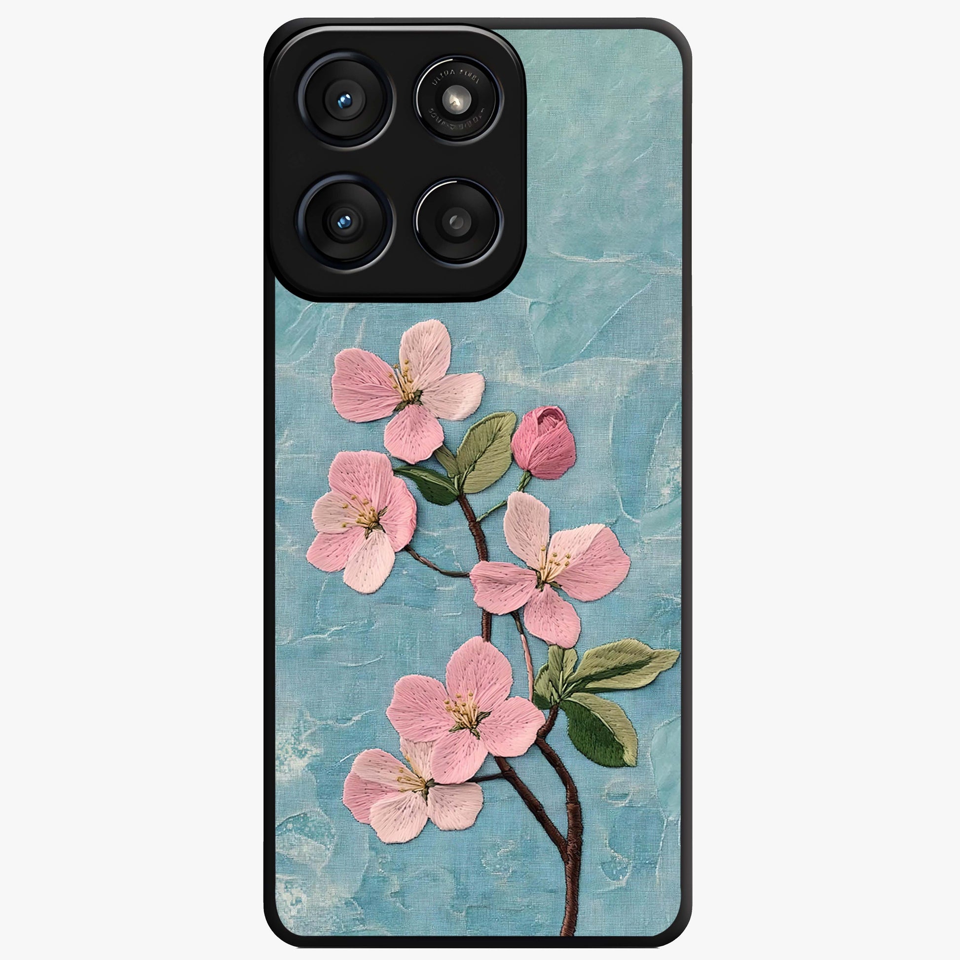 Threaded Blossom Breeze Glass Case showing flat back view with delicate blossom artwork and glossy glass finish.