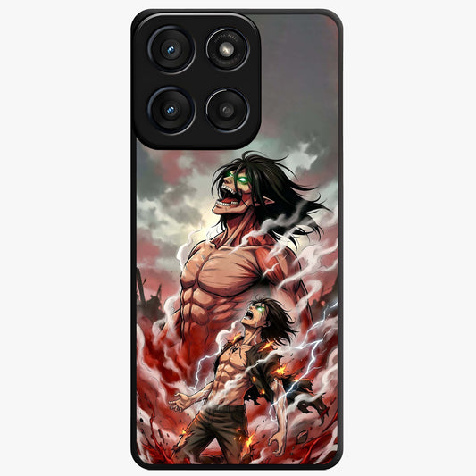 Titan Awakening Fury Glass Case showing flat back view with powerful titan inspired artwork and glossy glass finish.