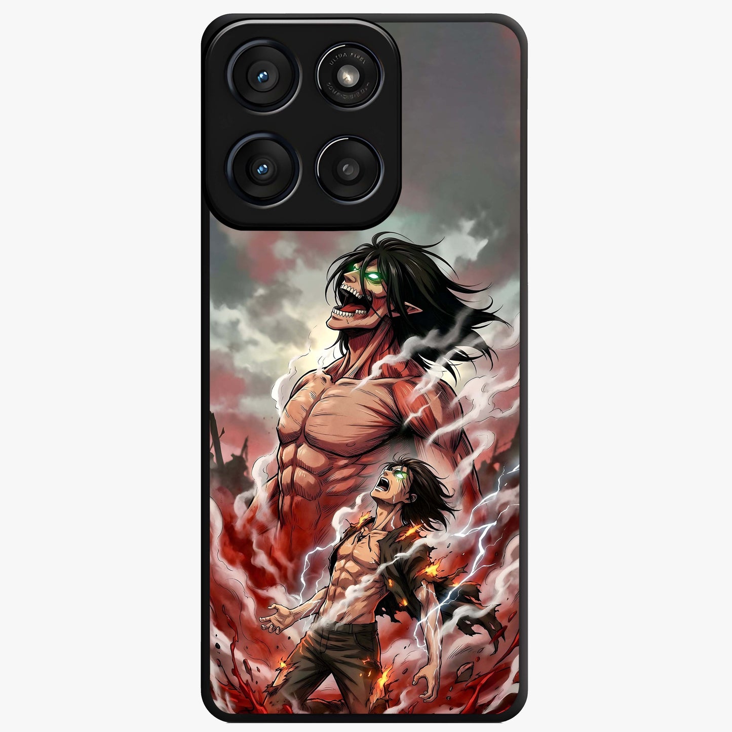 Titan Awakening Fury Glass Case showing flat back view with powerful titan inspired artwork and glossy glass finish.