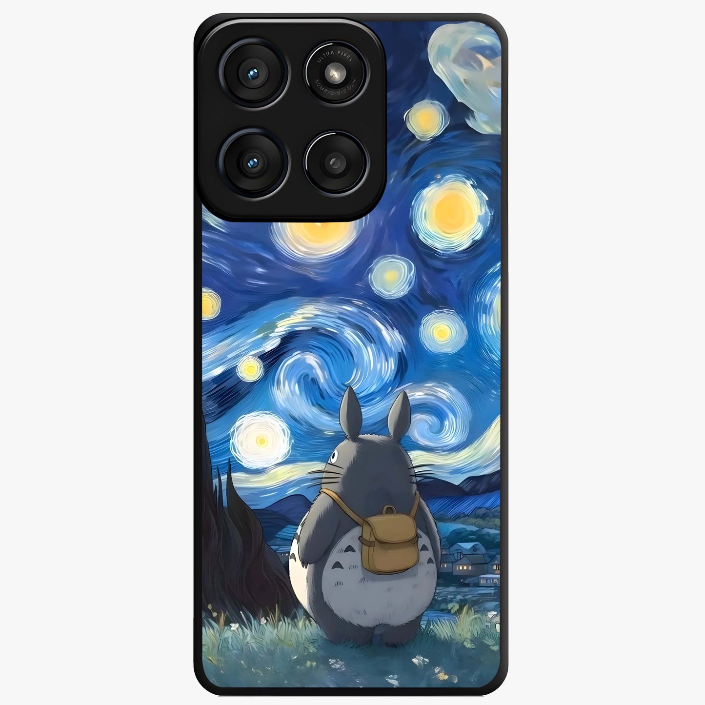 Totoro In Van Gogh Art Glass Case showing flat back view with whimsical character artwork inspired by Van Gogh style and glossy glass finish.