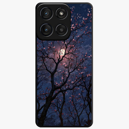 Twilight Sakura Serenade Glass Case showing flat back view with cherry blossom artwork at twilight and glossy glass finish.
