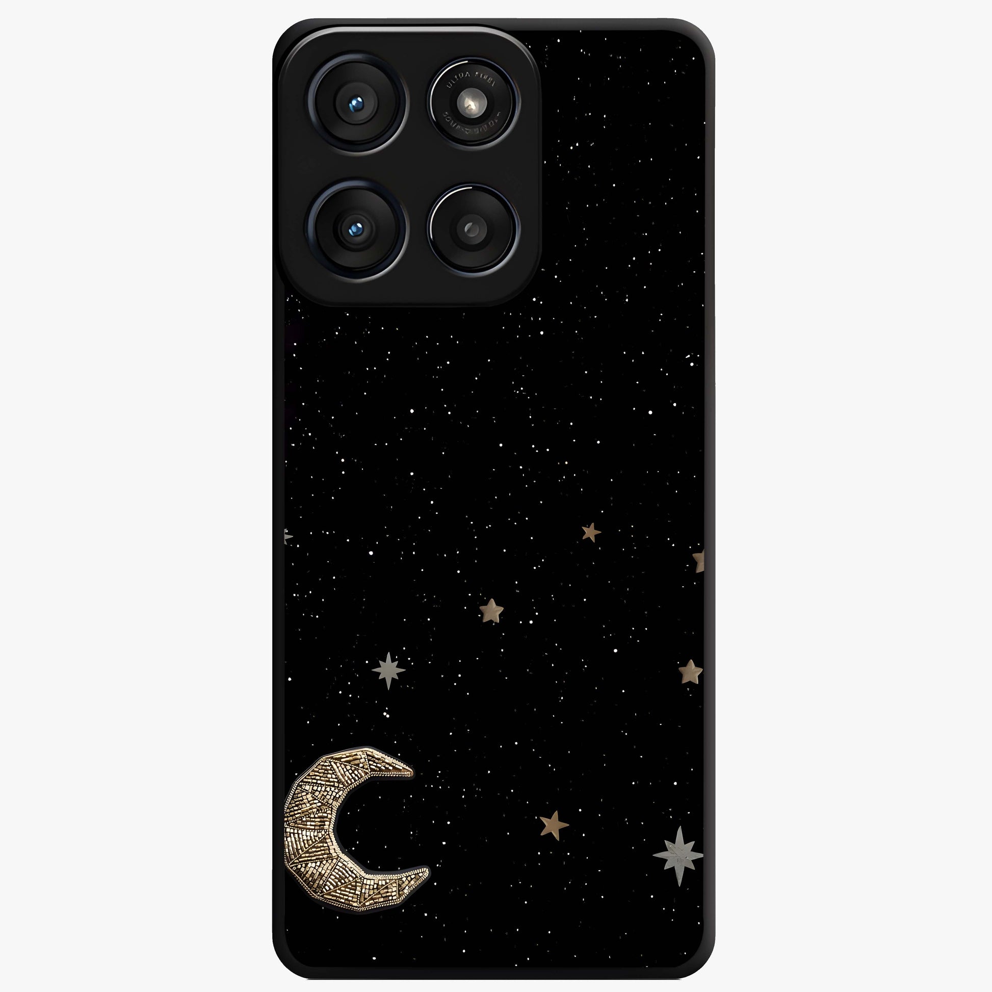 Twinkle Star With Half Moon Glass Case showing flat back view with star and half moon artwork and glossy glass finish.