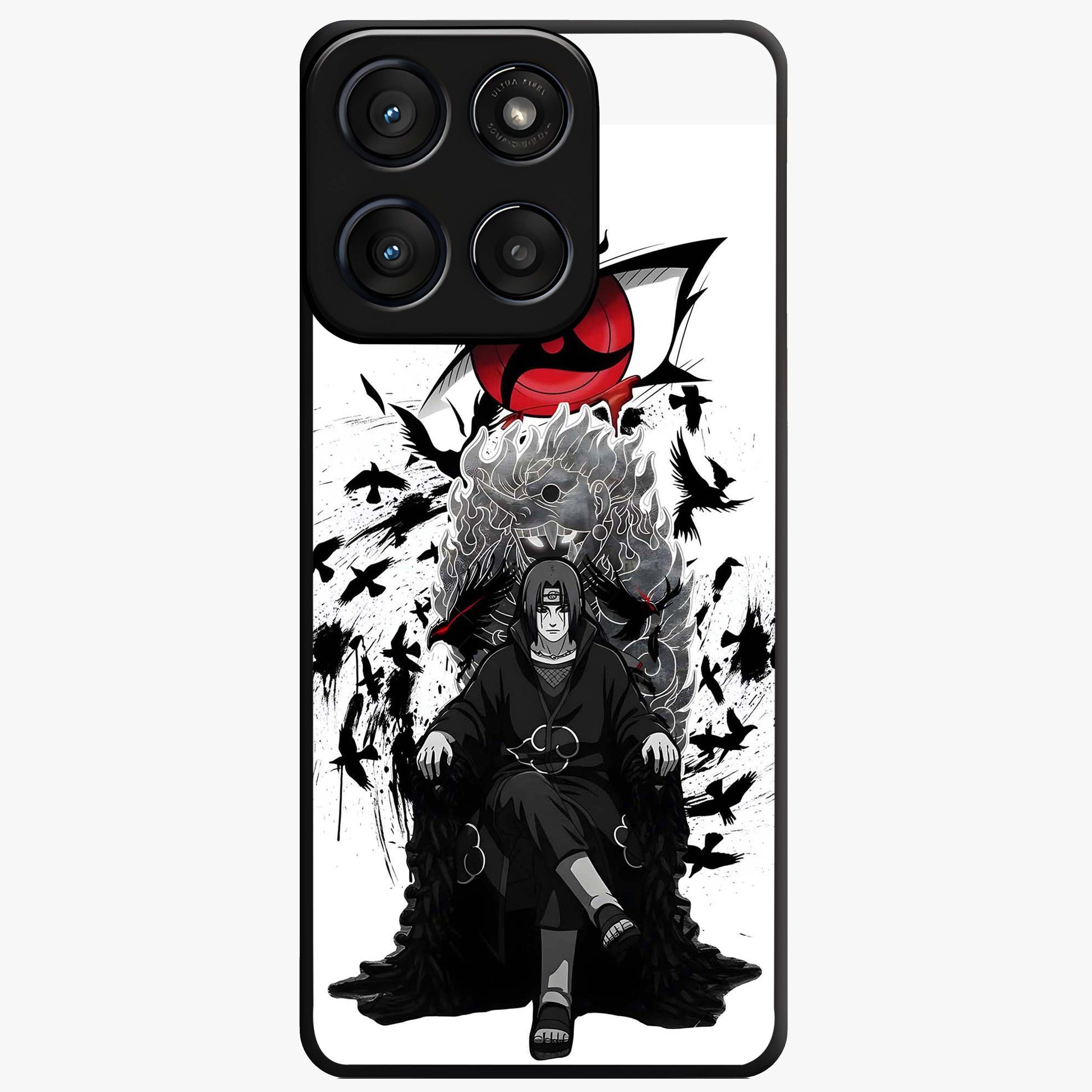 Uchiha Shadow Throne Glass Case showing flat back view with cosmic underwater themed artwork and glossy glass finish.