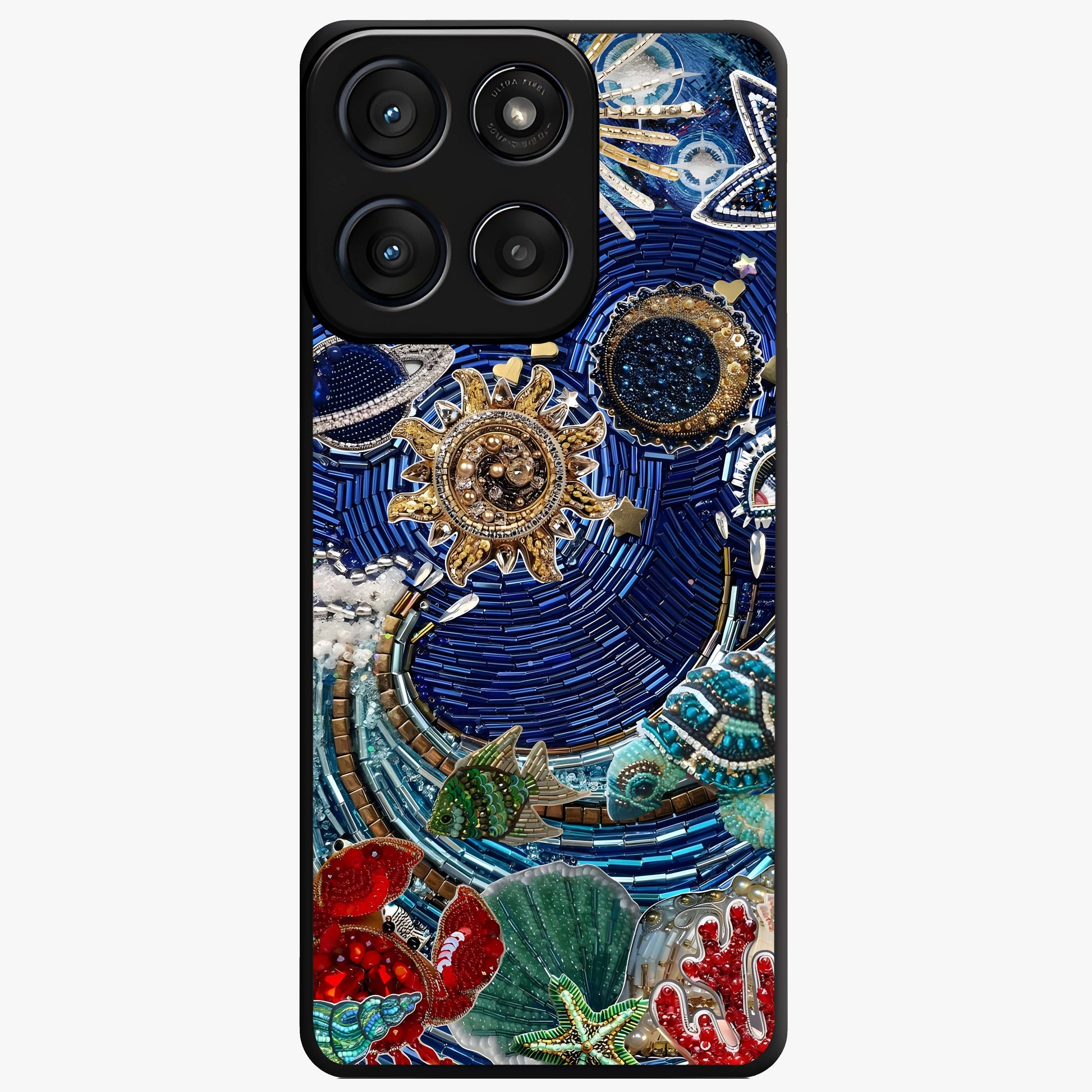 Universe Underwater Spark Glass Case showing flat back view with cosmic underwater themed artwork and glossy glass finish.