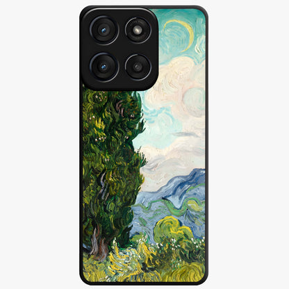 Van Gogh Vintage Art Glass Case showing flat back view with vintage painterly artwork inspired by Van Gogh style and glossy glass finish.