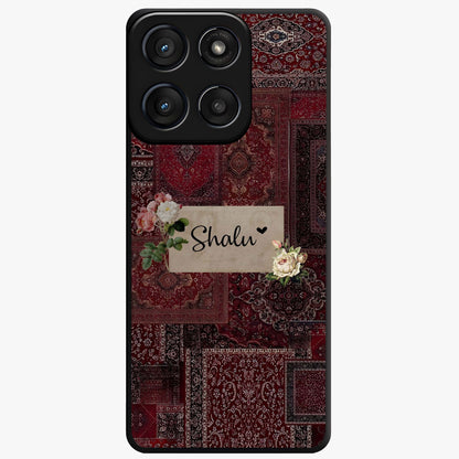 Velvet Wine Pattern Custom Name Glass Case showing flat back view with elegant wine colored pattern artwork and personalized name design.
