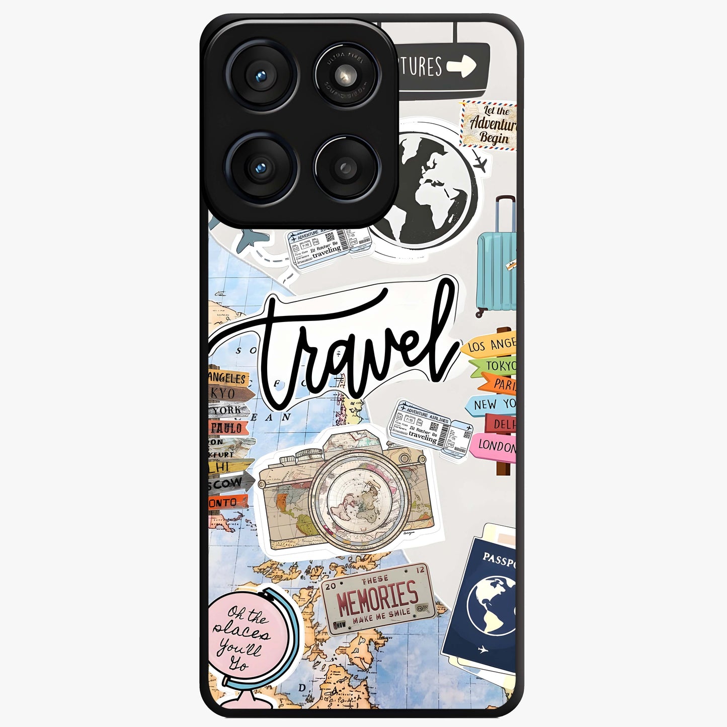 Wanderlust Journal Glass Case showing flat back view with travel inspired artwork and glossy glass finish.