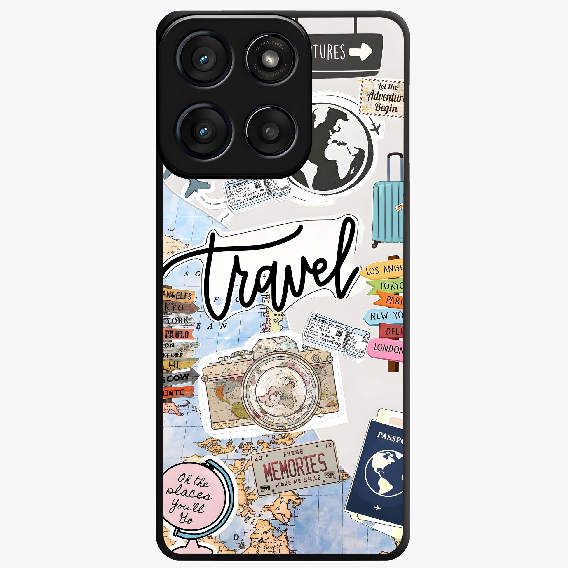 Wanderlust Journal Glass Case showing flat back view with travel inspired artwork and glossy glass finish.